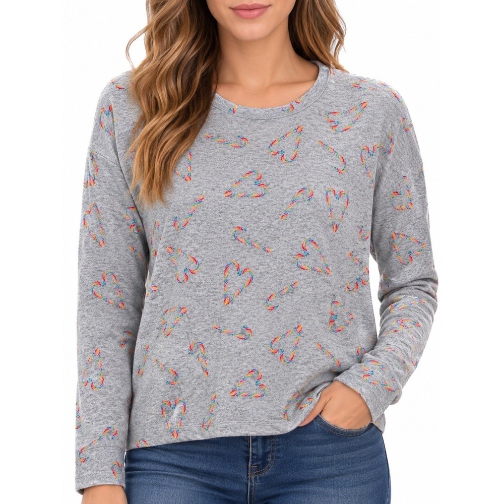 PINK Victoria's Secret Women's Gray Rainbow Candy Cane Print Sweatshirt Top M
